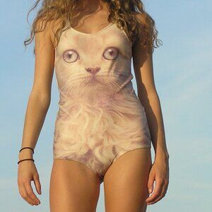 Fiorucci Vintage 1980 Persian Cat Face One Piece Swimsuit Cross Back Straps SzM